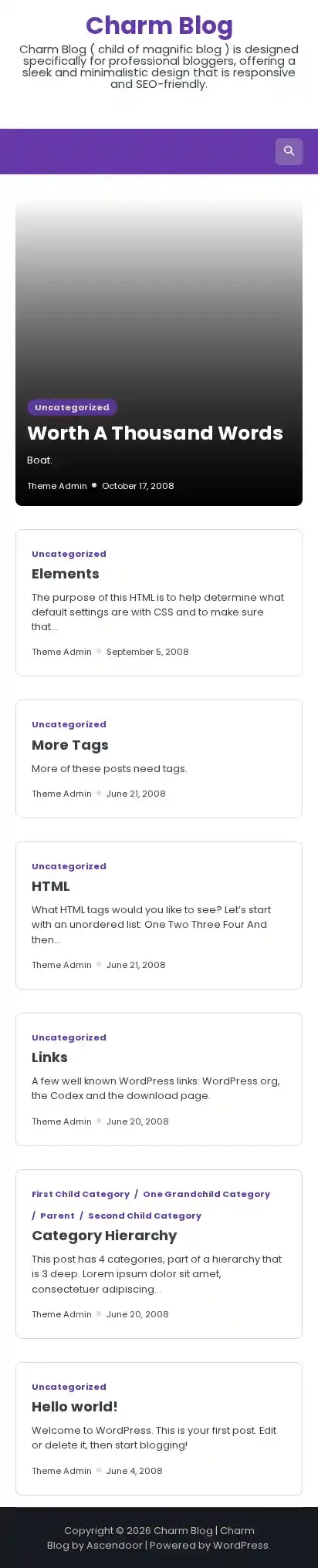 Charm Blog home page on mobile
