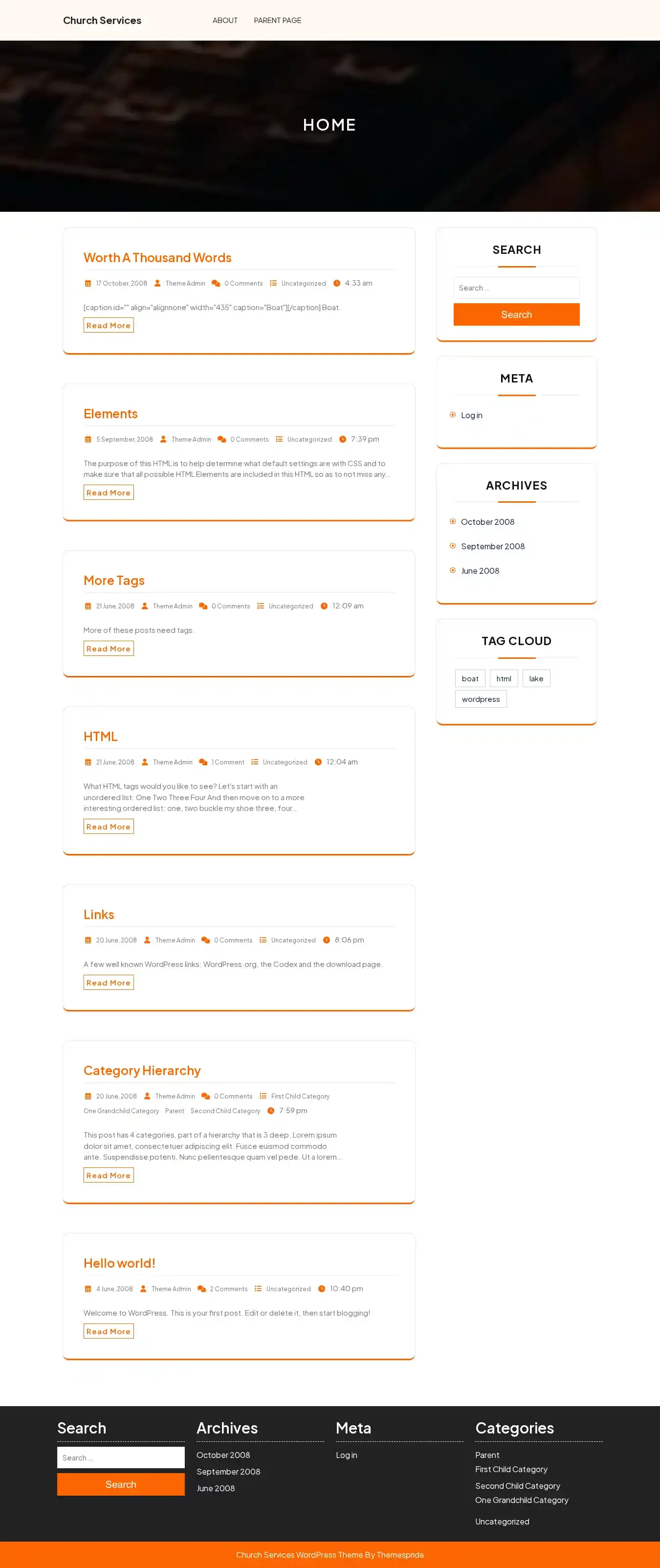 Church Services home page on desktop