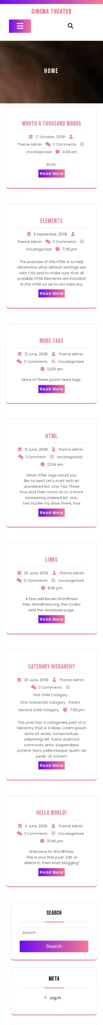 Cinema Theater home page on mobile