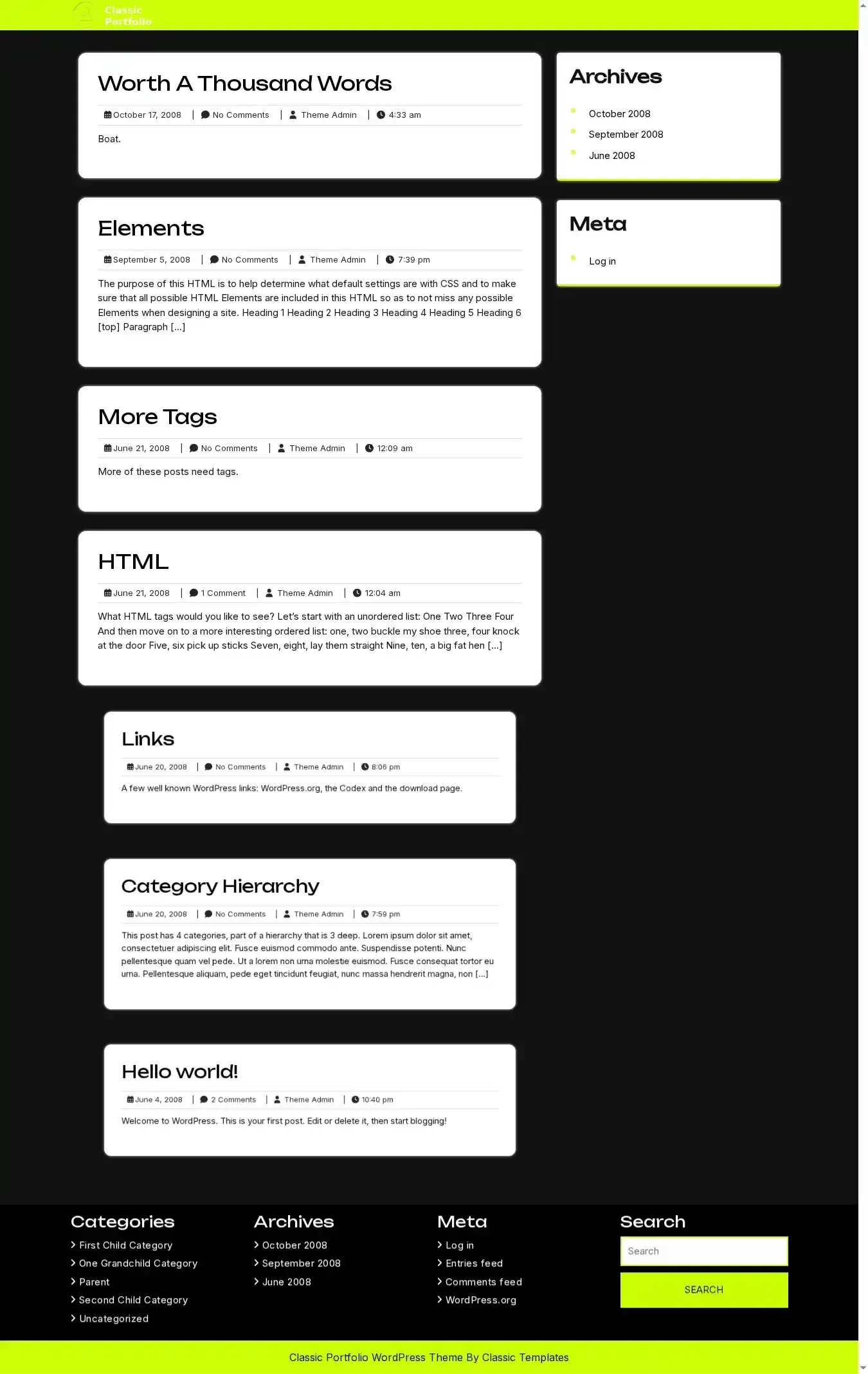 Classic Portfolio home page on desktop