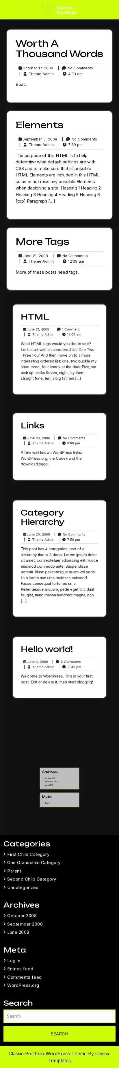 Classic Portfolio home page on mobile