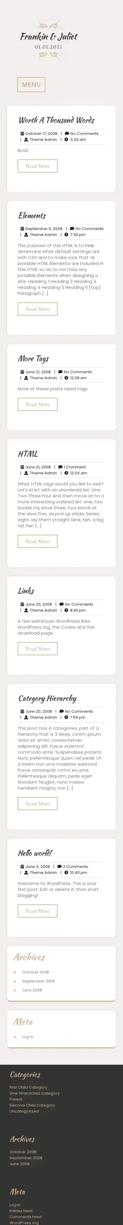 Classic Wedding home page on mobile