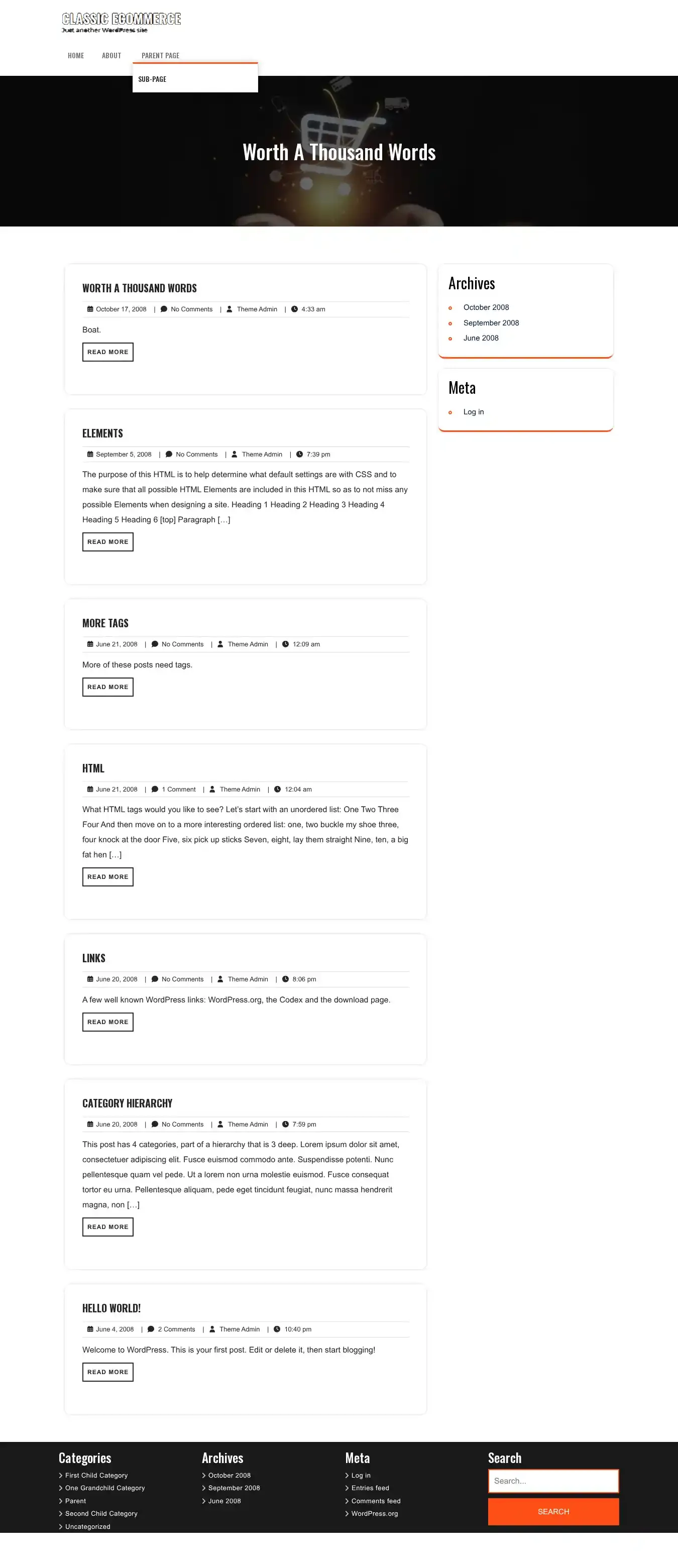 Classic Woocommerce home page on desktop