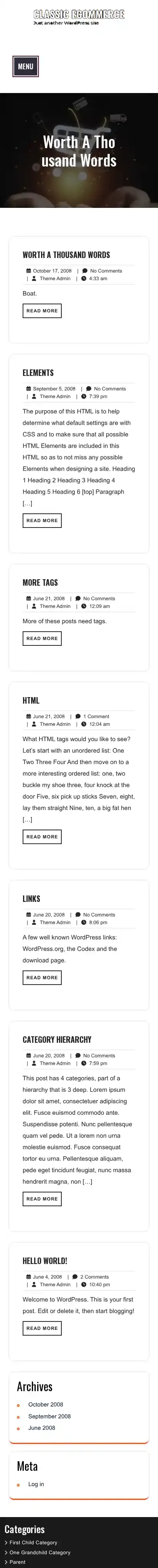 Classic Woocommerce home page on mobile