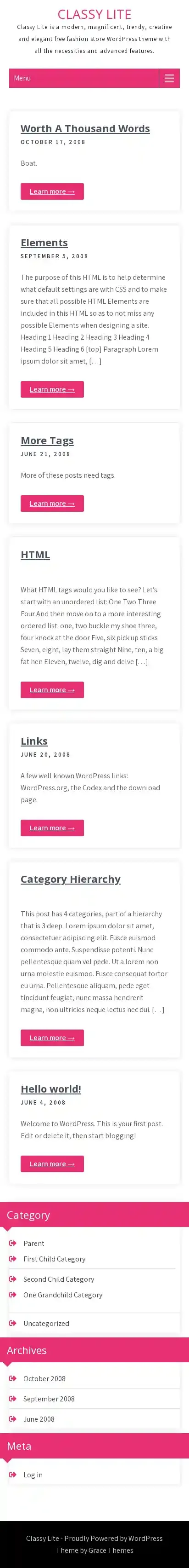 Classy Lite home page on mobile