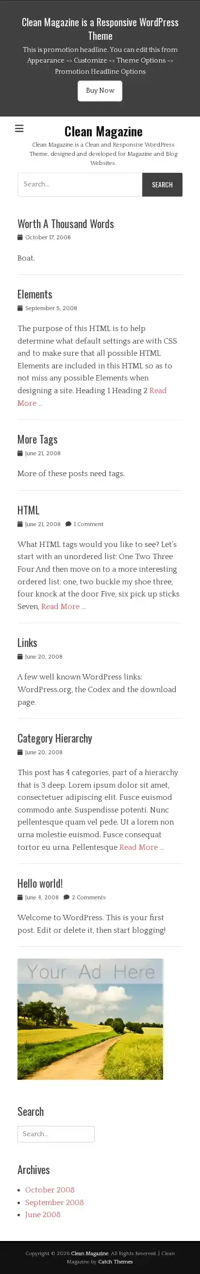 Clean Magazine home page on mobile
