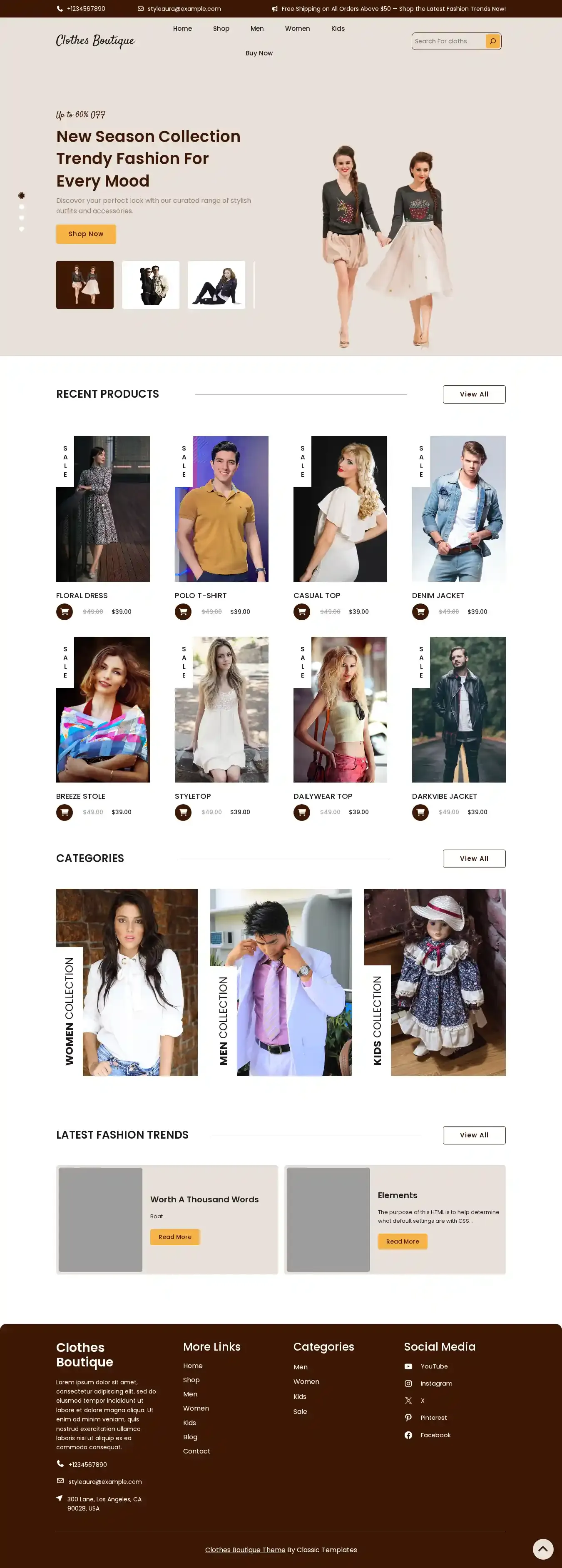 Clothes Boutique home page on desktop