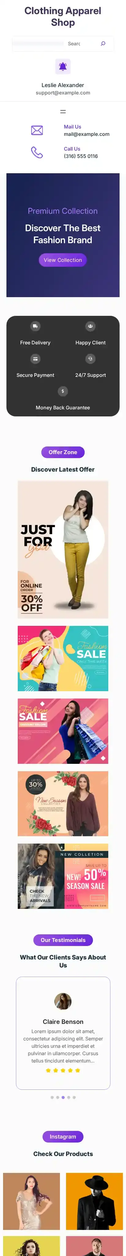 Clothing Apparel Shop home page on mobile