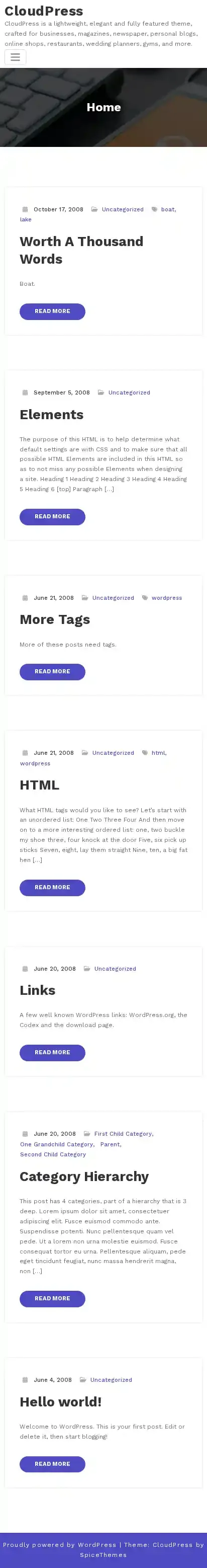 CloudPress home page on mobile