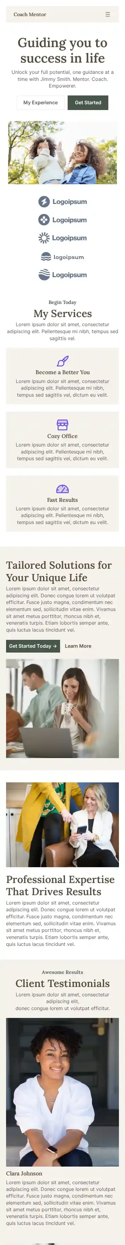 Coach Mentor home page on mobile