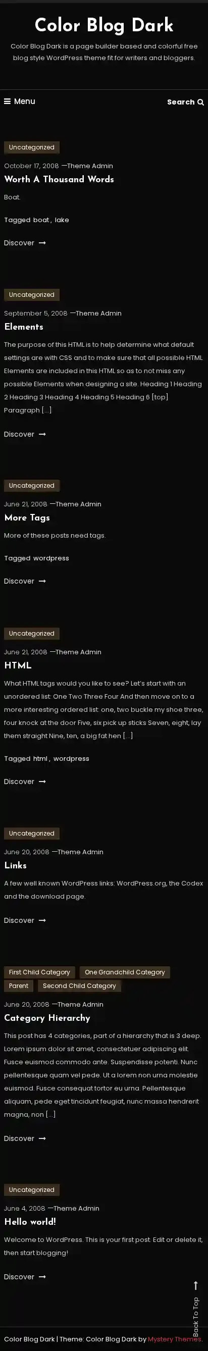 Color Blog Dark home page on mobile