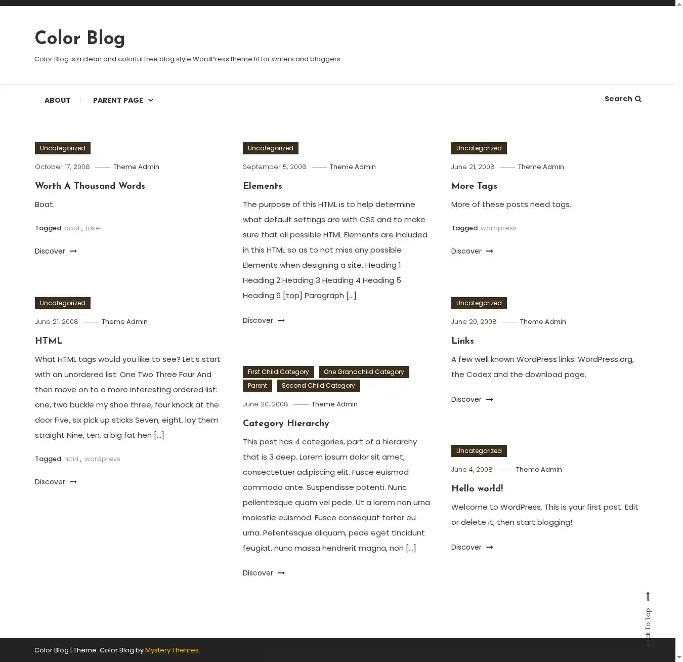Color Blog home page on desktop