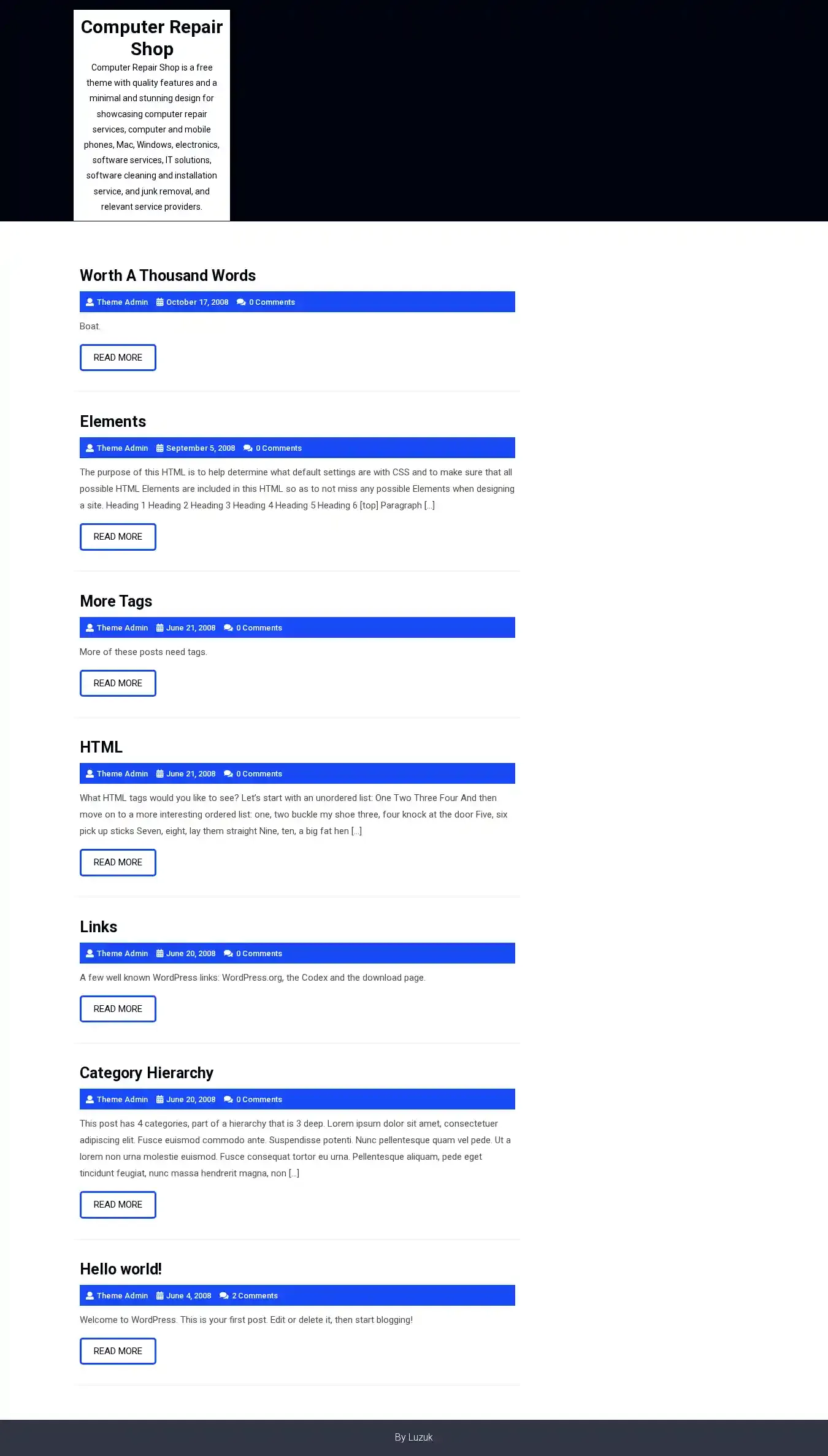 Computer Repair Shop home page on desktop