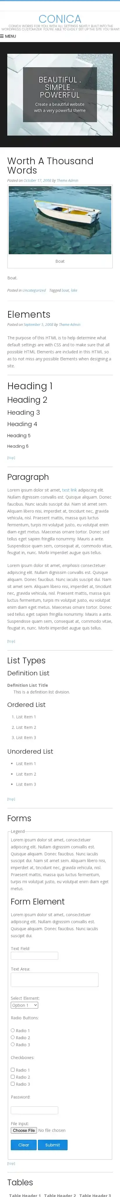 Conica home page on mobile
