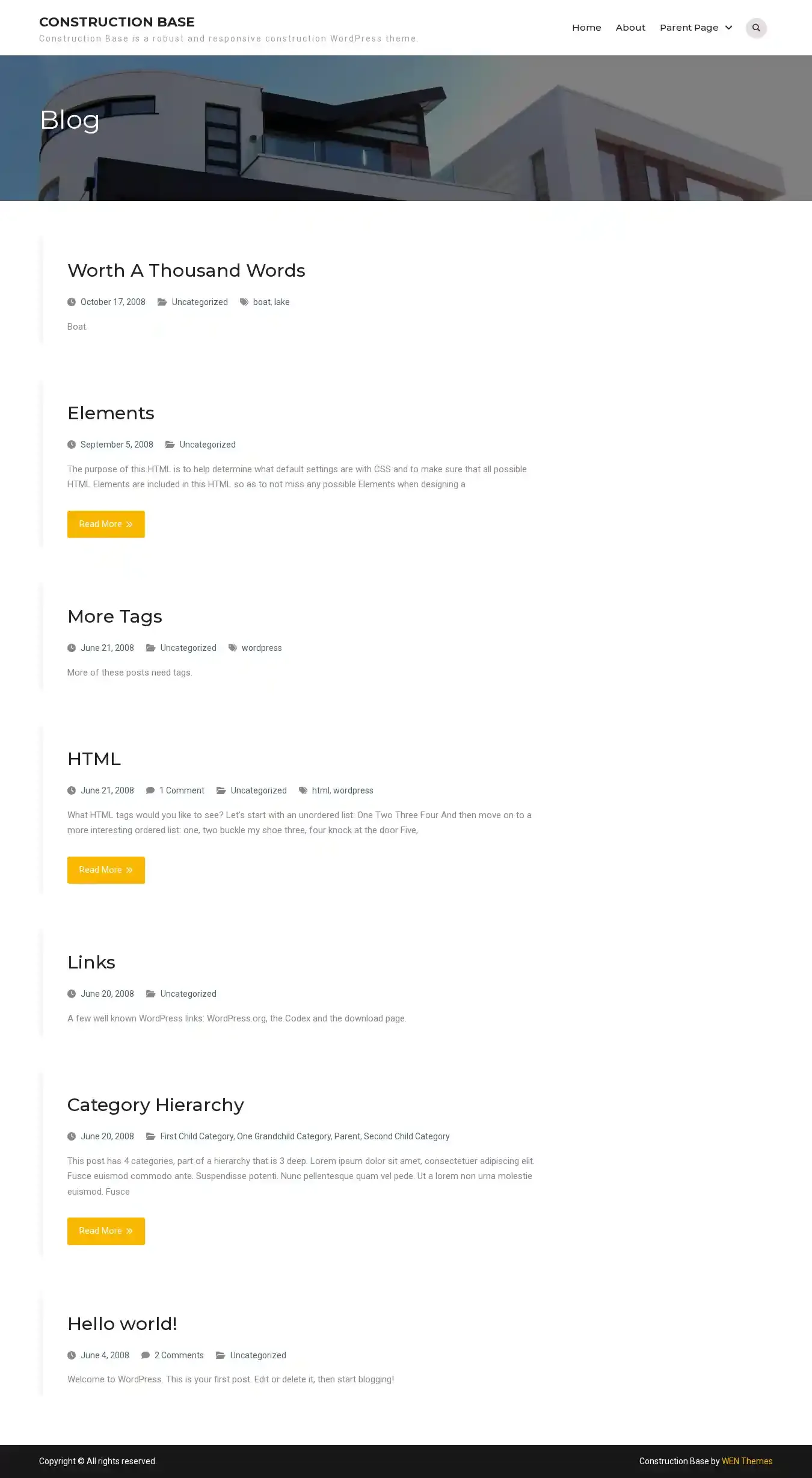 Construction Base home page on desktop