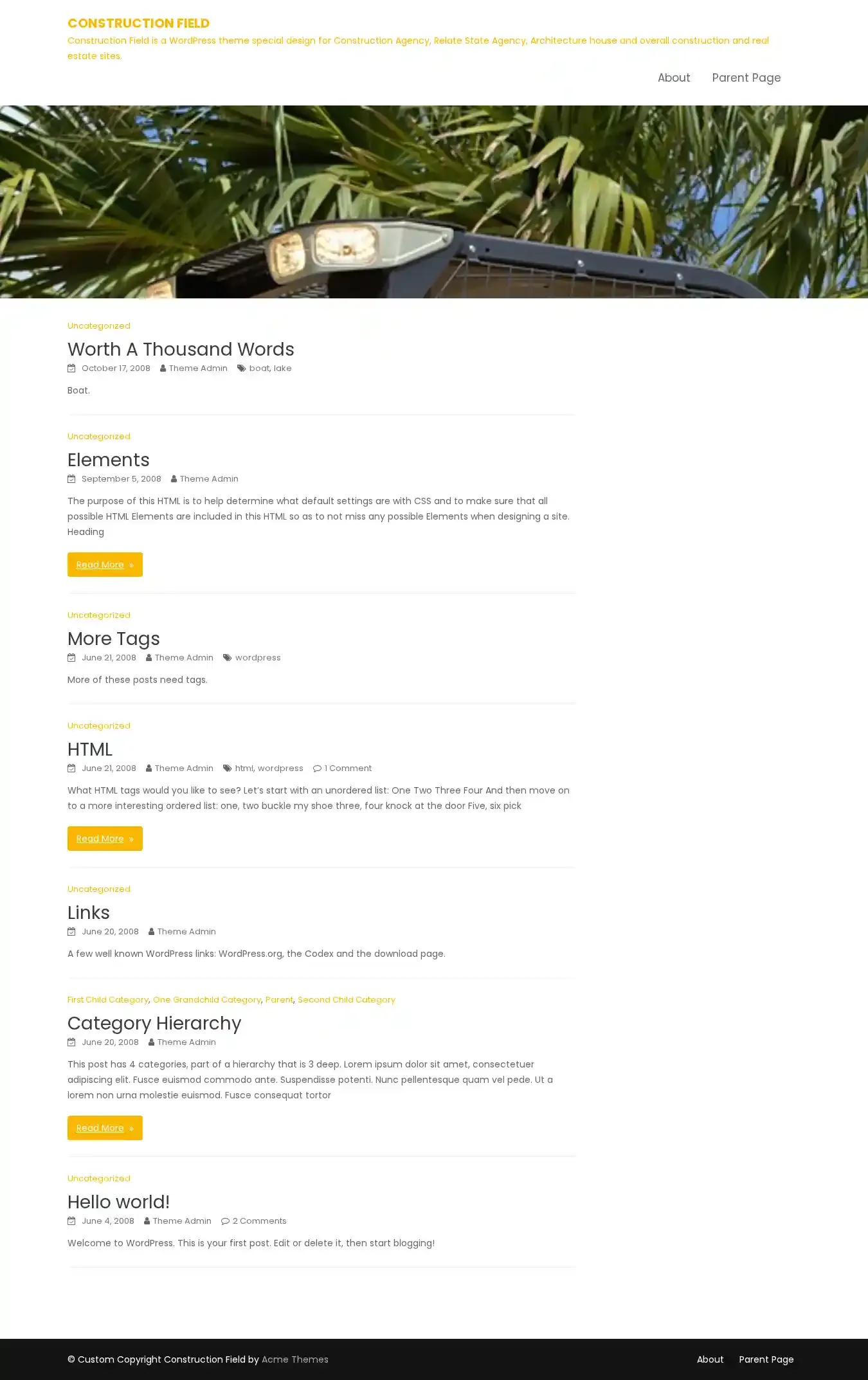 Construction Field home page on desktop