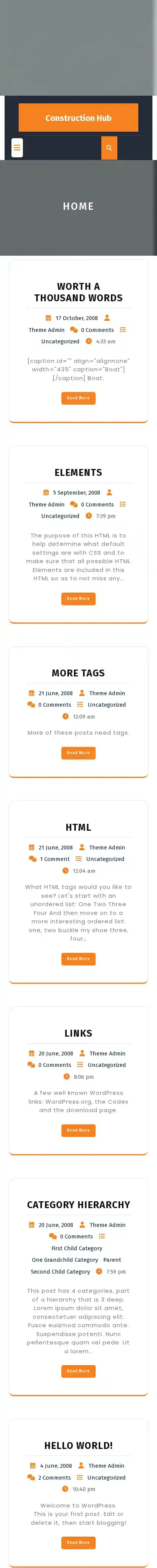 Construction Hub home page on mobile