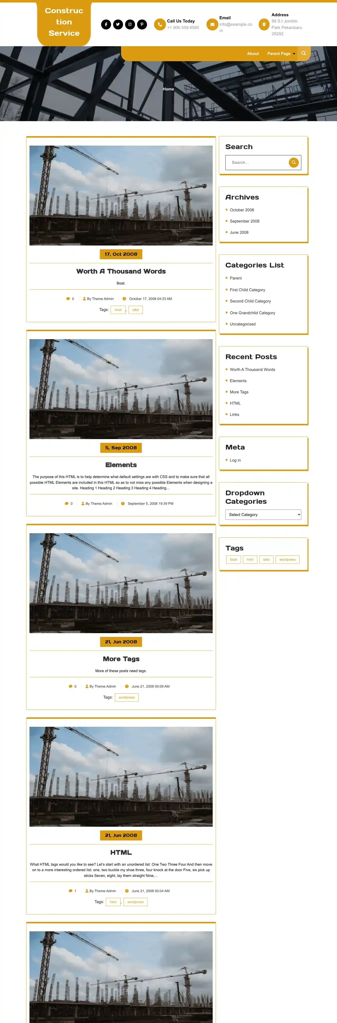 Construction Service home page on desktop