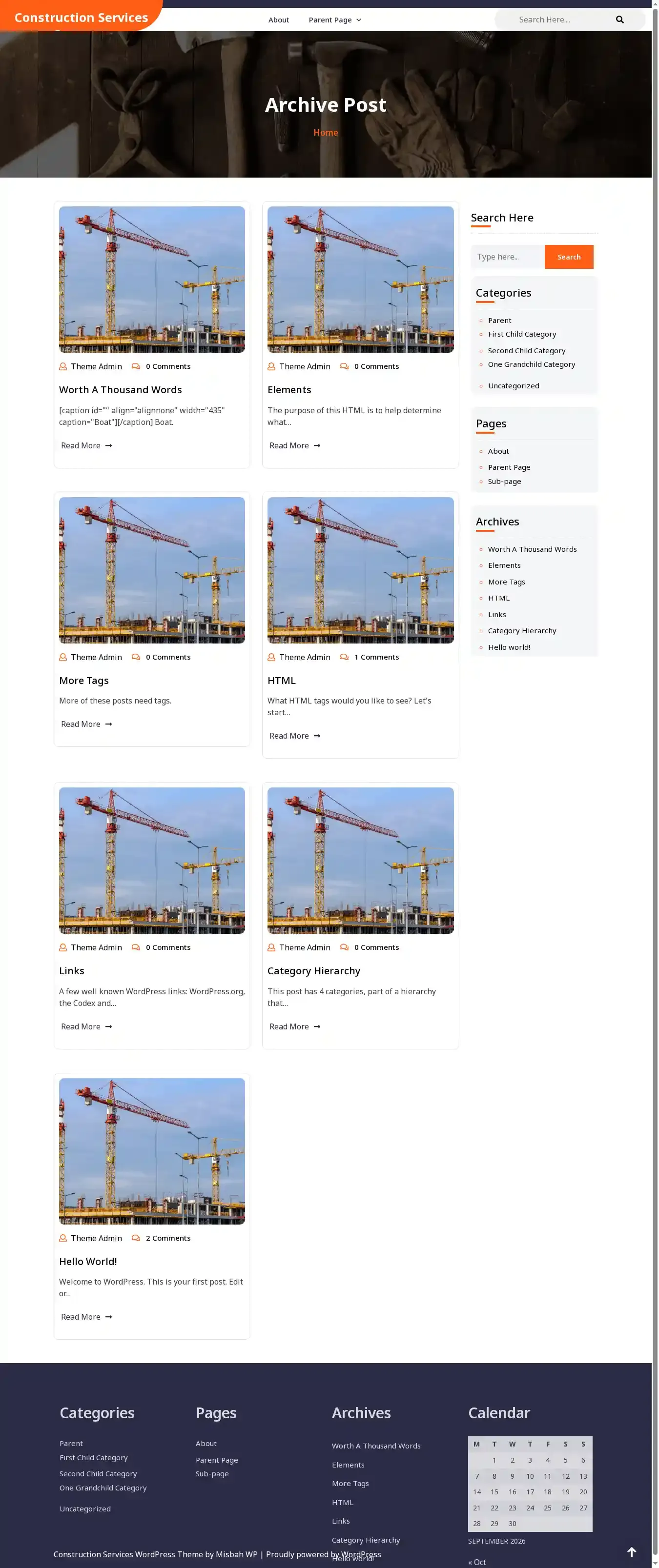 Construction Services Company home page on desktop