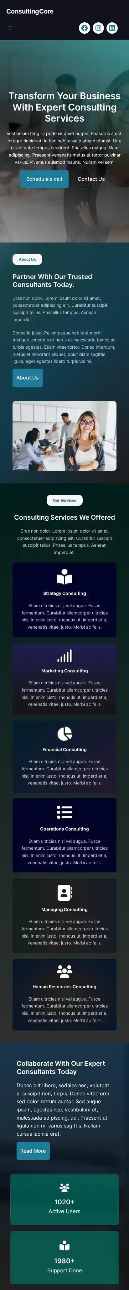 ConsultingCore home page on mobile