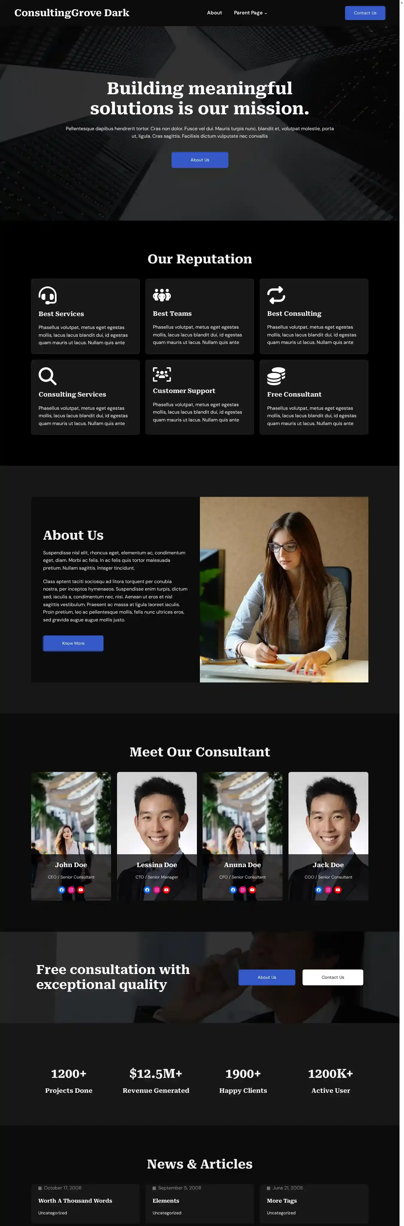 ConsultingGrove Dark home page on desktop