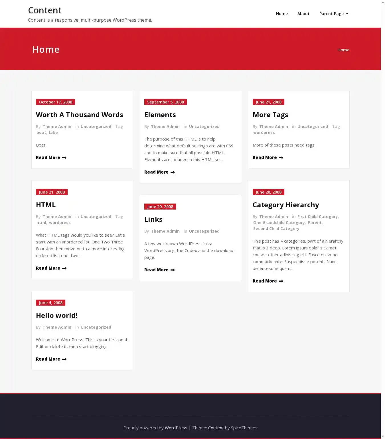 Content home page on desktop
