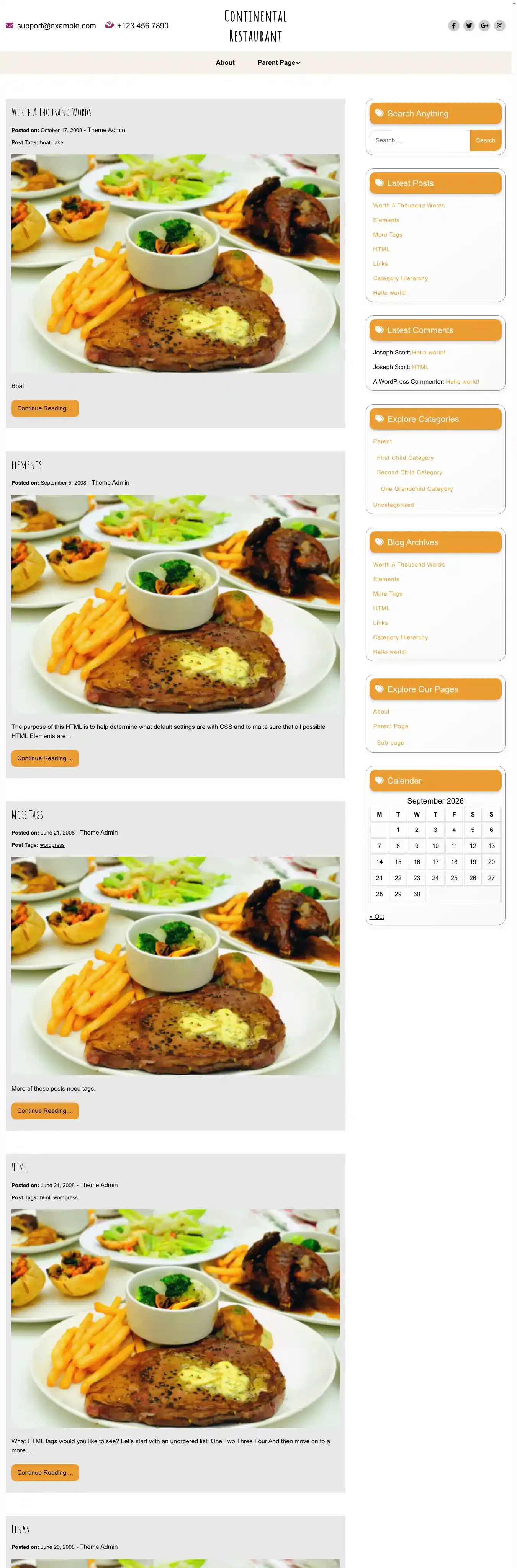 Continental Restaurant home page on desktop