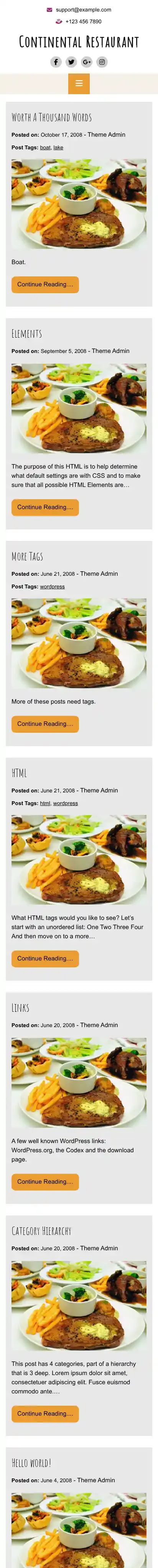 Continental Restaurant home page on mobile