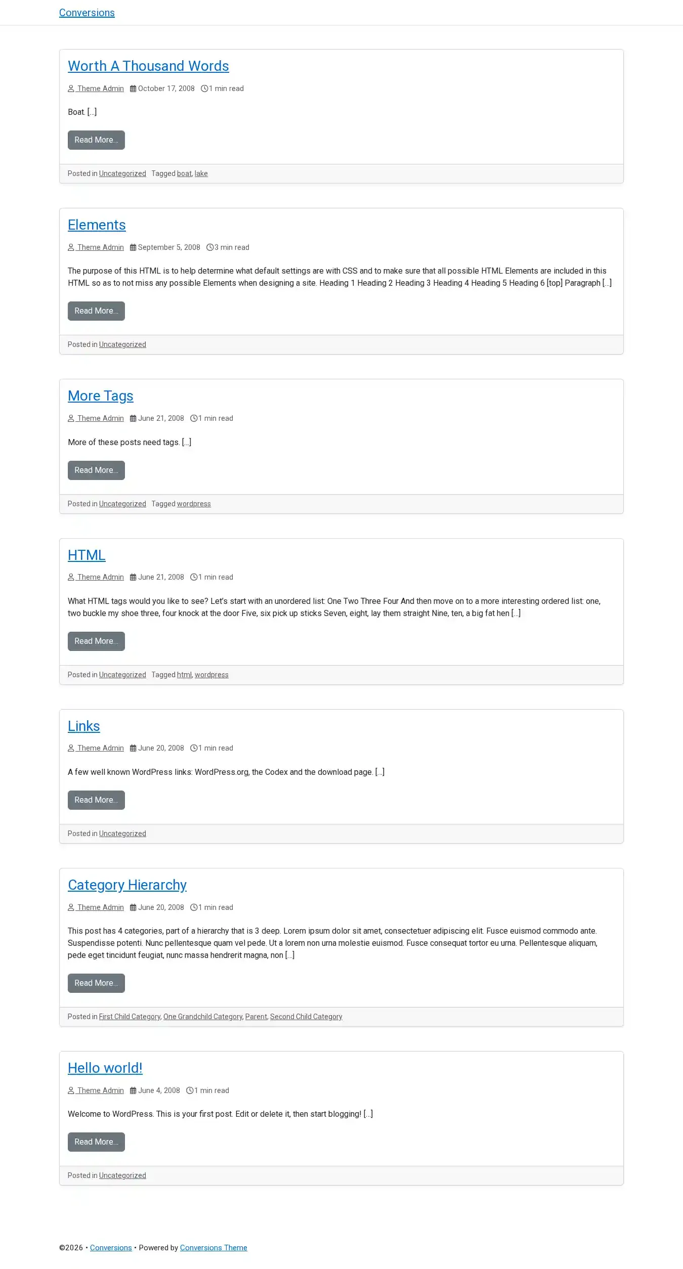 Conversions home page on desktop