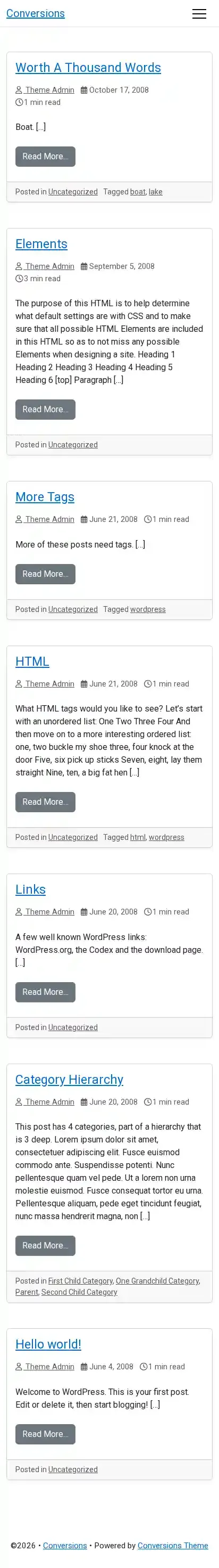 Conversions home page on mobile
