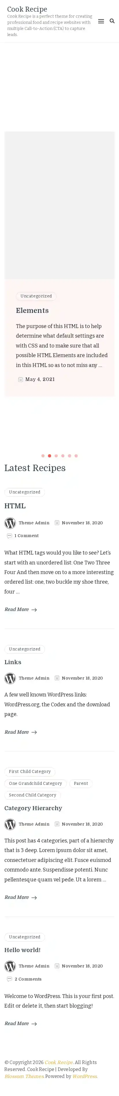 Cook Recipe home page on mobile