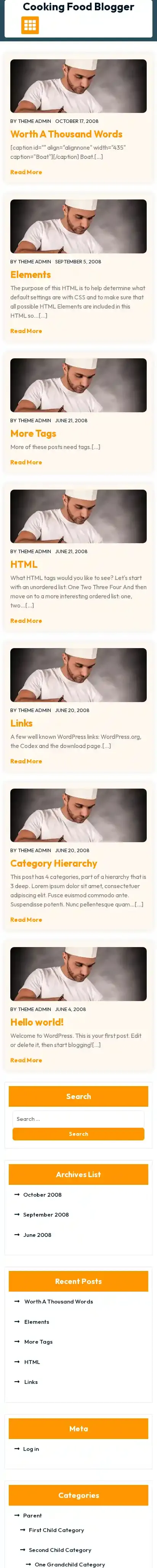 Cooking Food Blogger home page on mobile