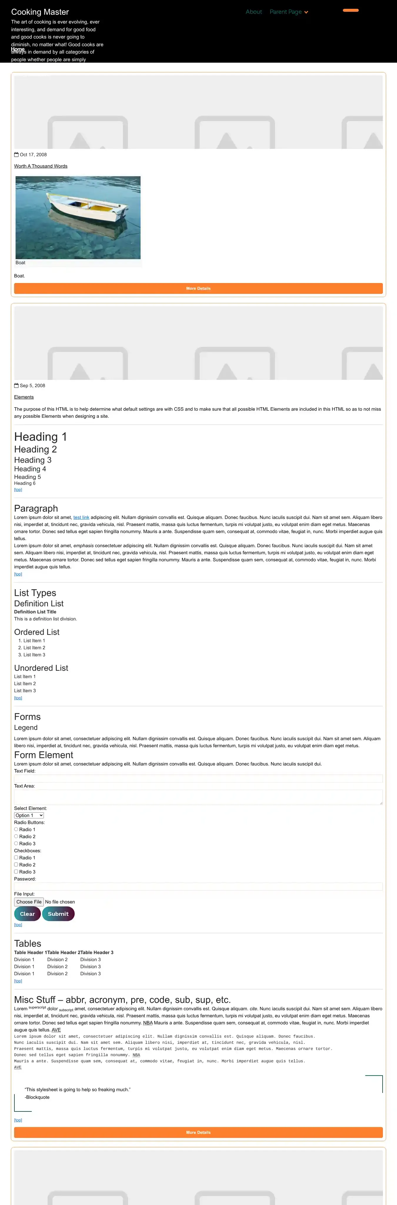 Cooking Master home page on desktop