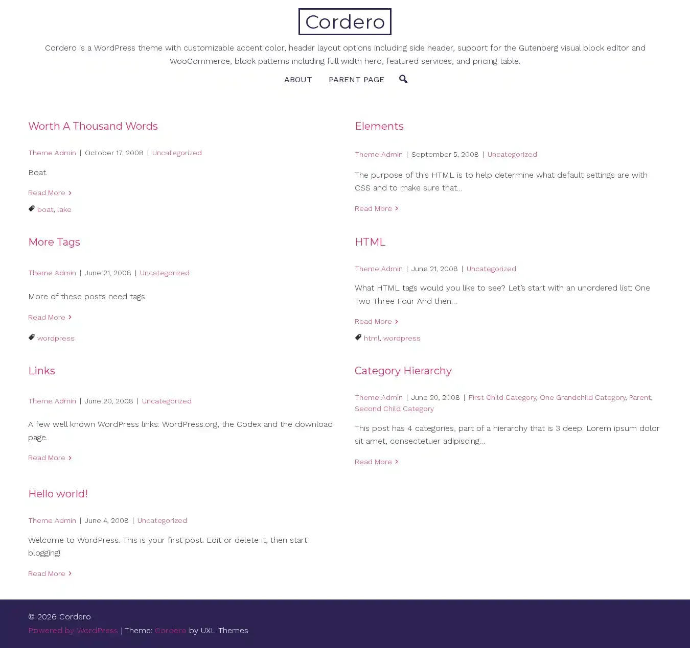 Cordero home page on desktop