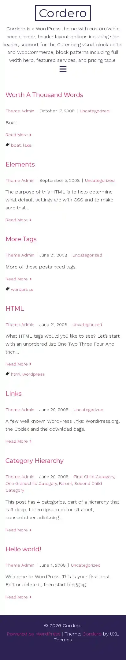 Cordero home page on mobile