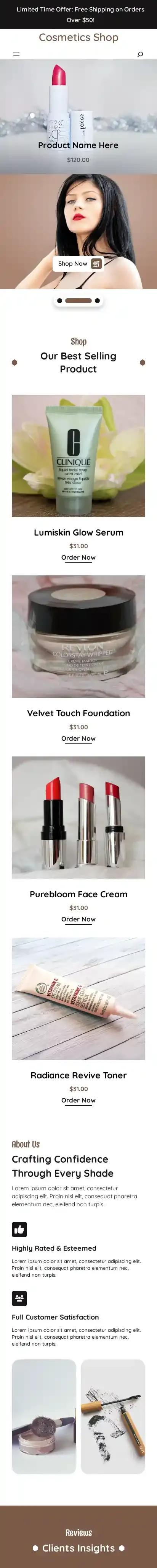 Cosmetics Shop home page on mobile
