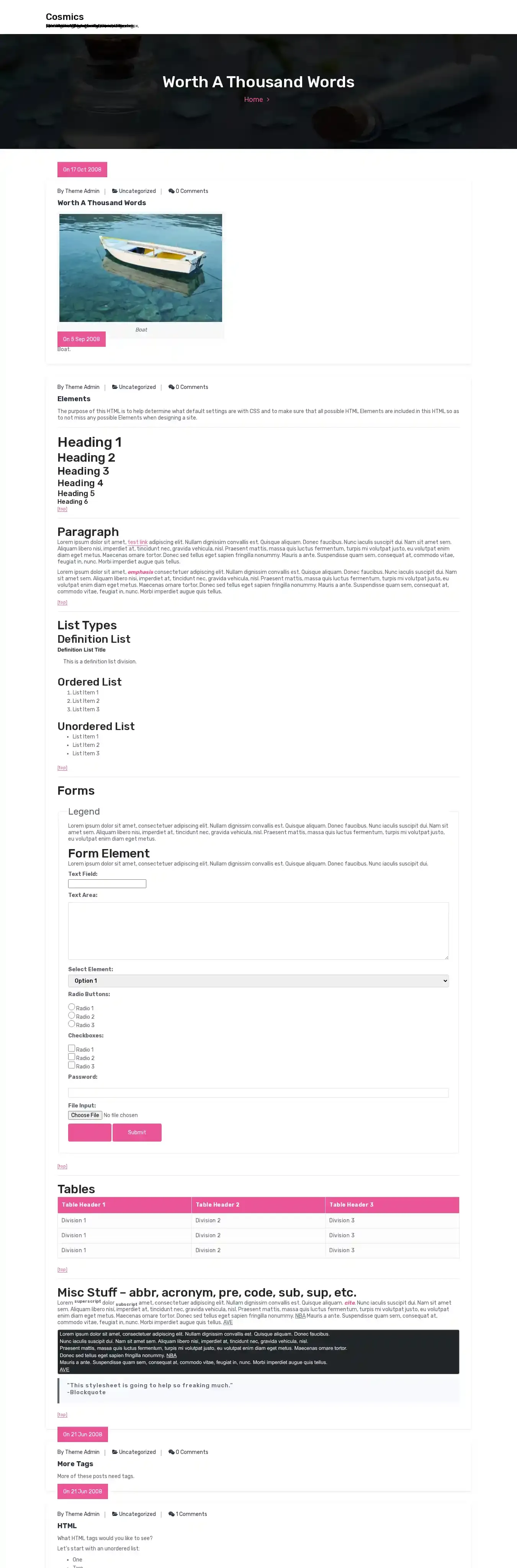 Cosmics home page on desktop