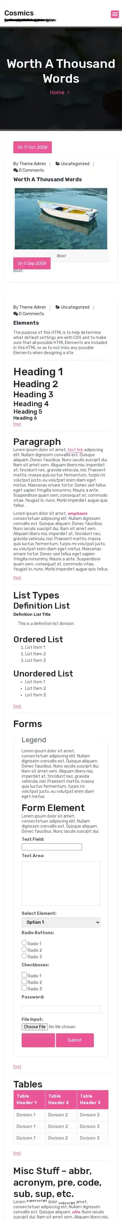 Cosmics home page on mobile