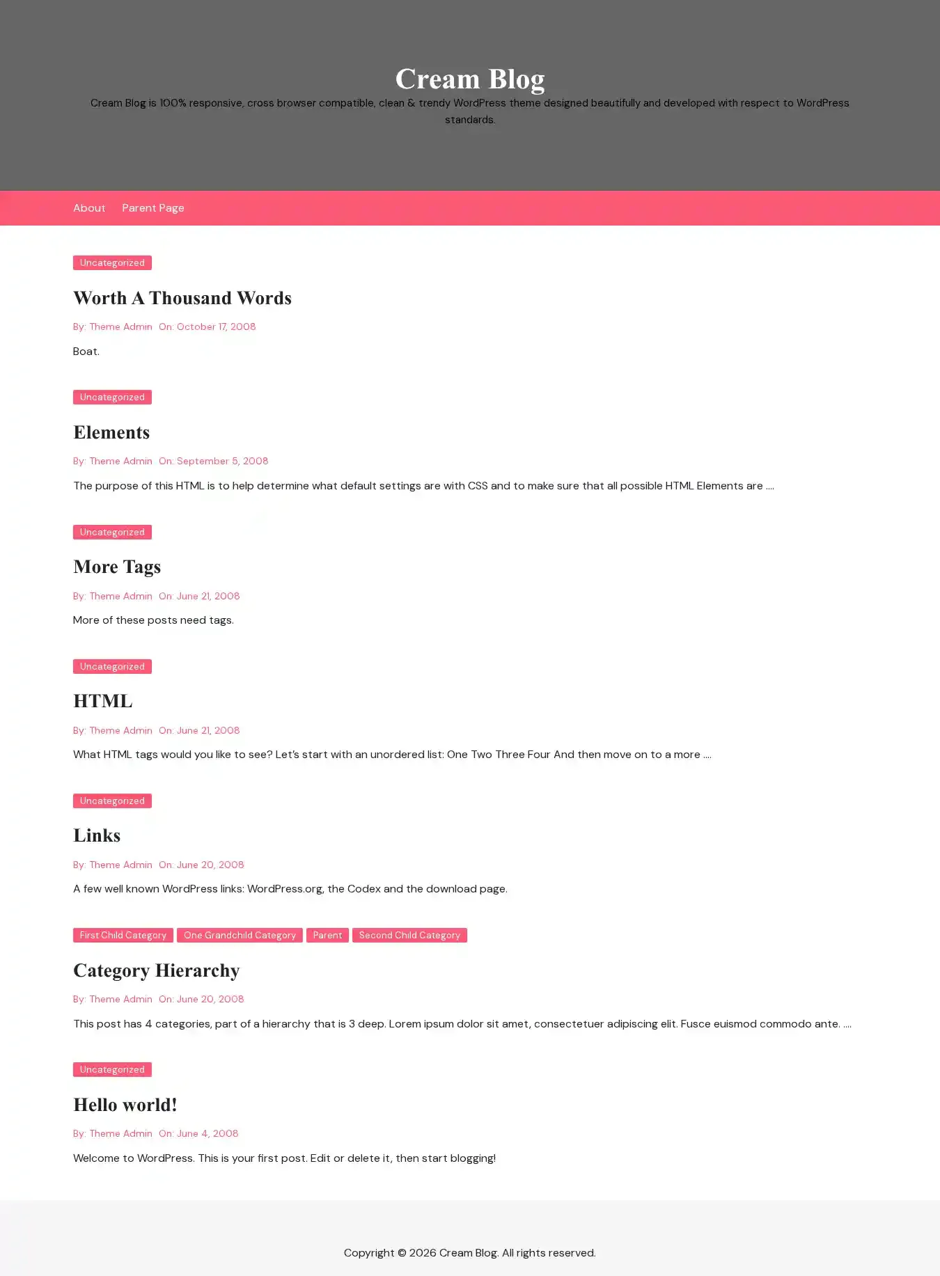 Cream Blog home page on desktop