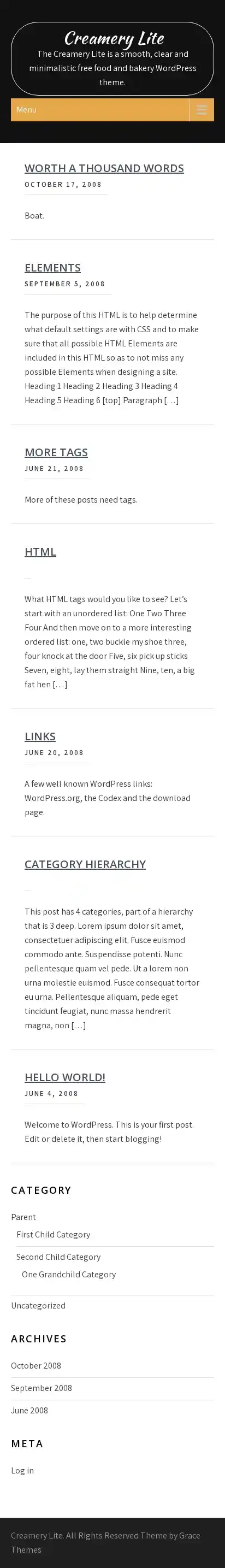 Creamery Lite home page on mobile