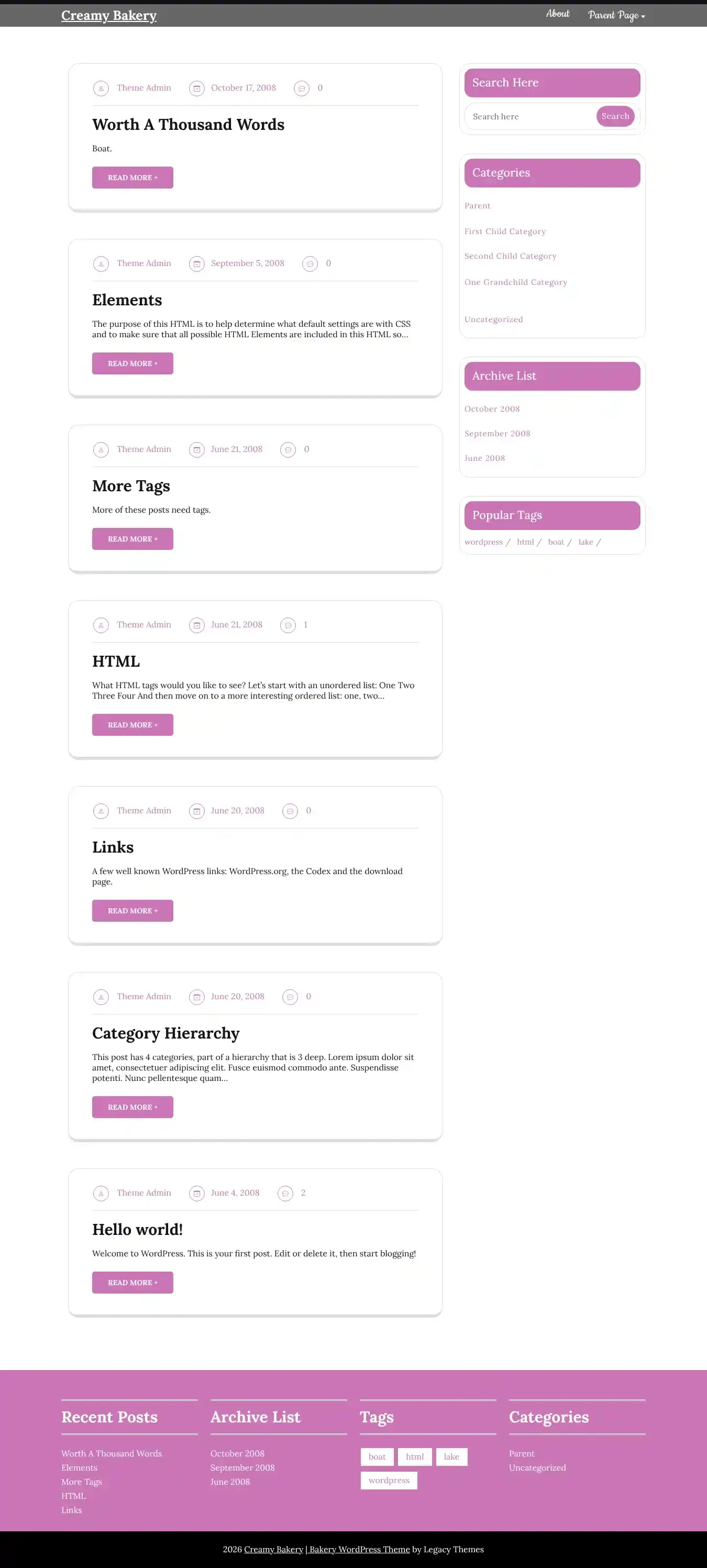 Creamy Bakery home page on desktop