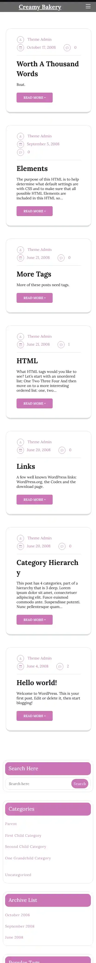 Creamy Bakery home page on mobile