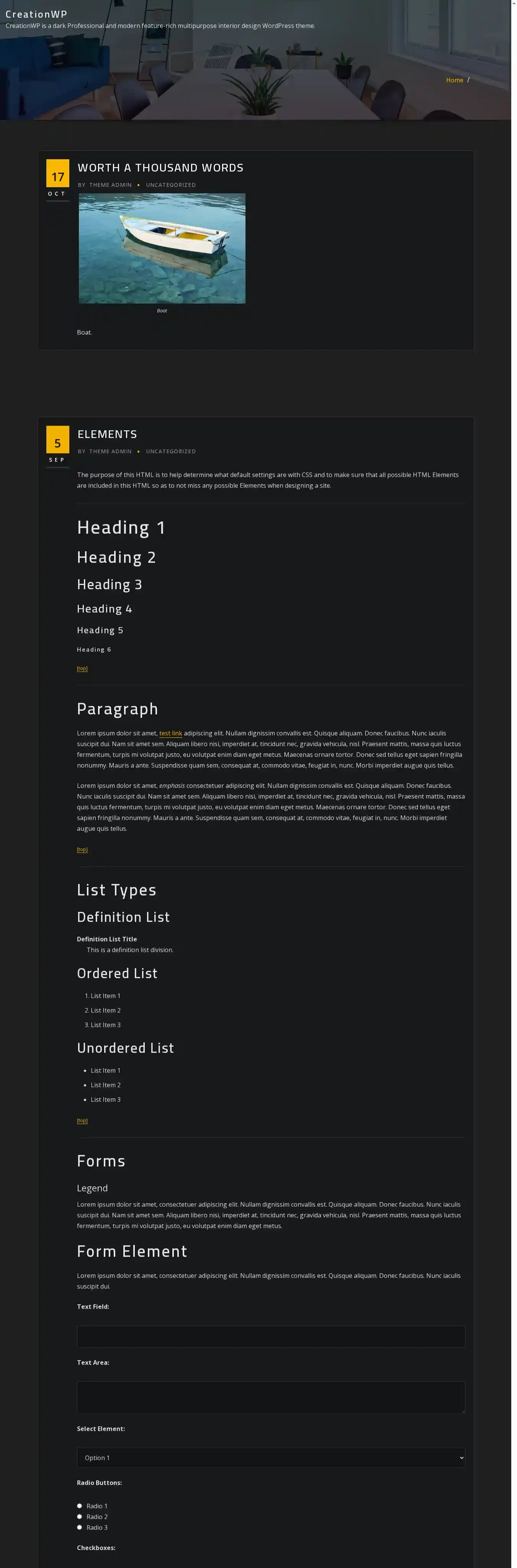 CreationWP home page on desktop
