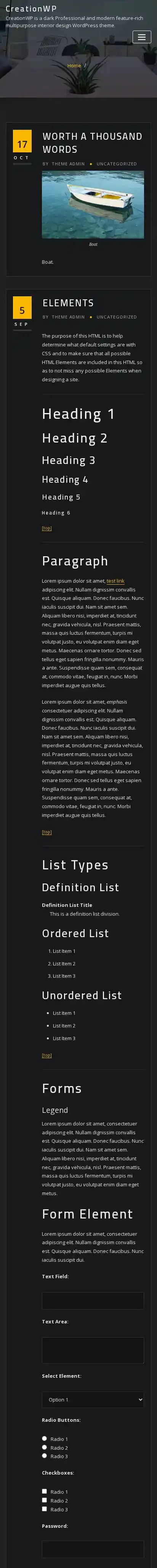 CreationWP home page on mobile