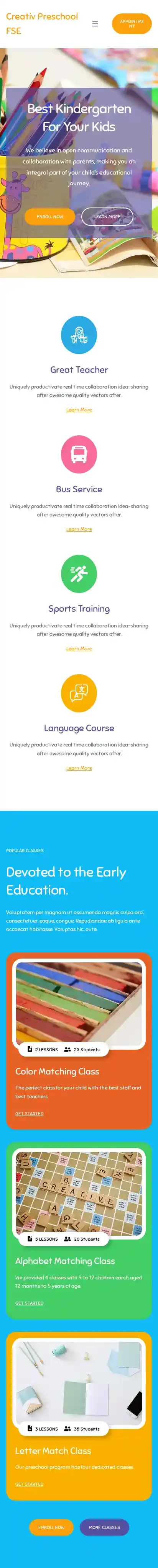 Creativ Preschool FSE home page on mobile