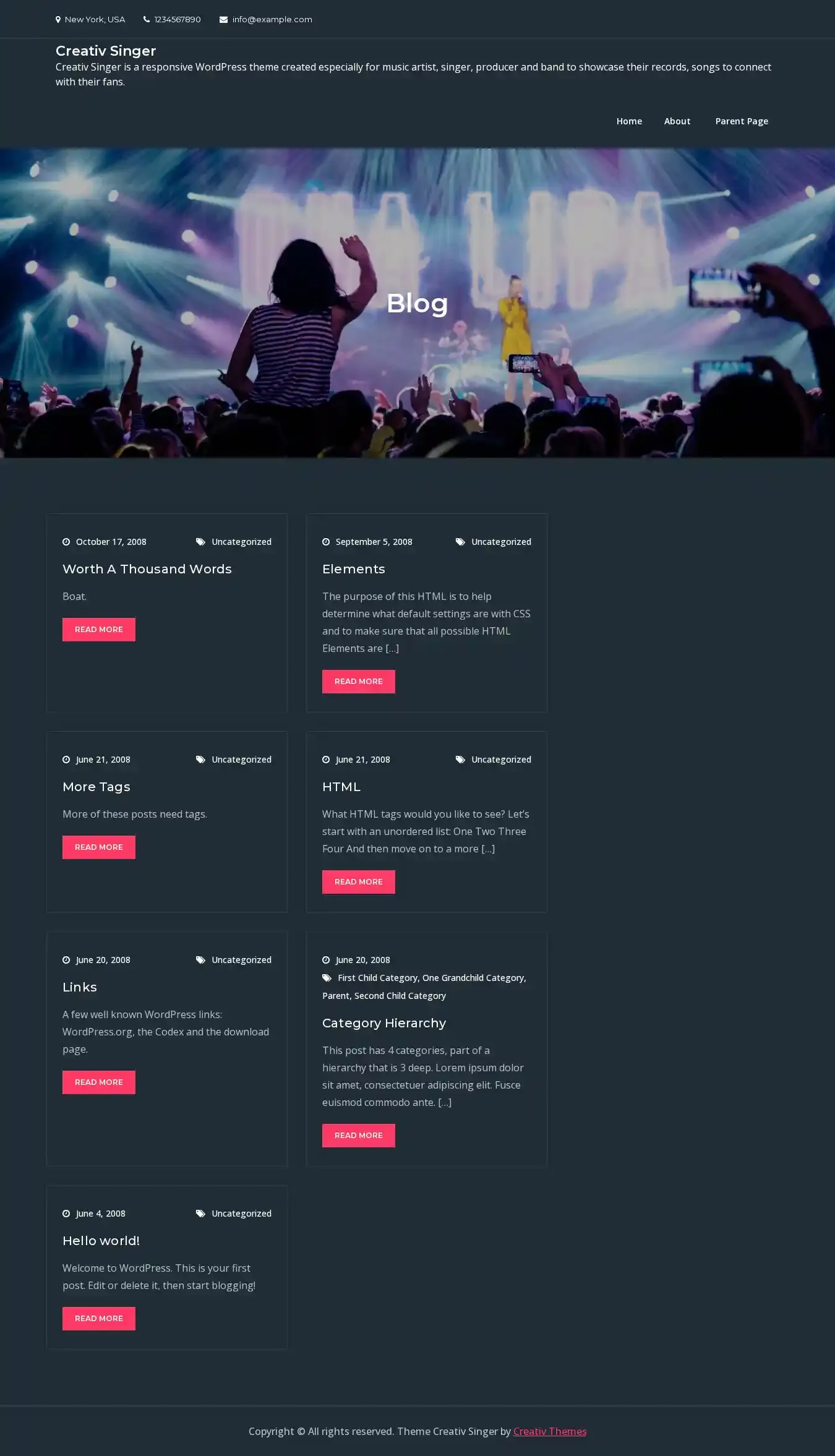 Creativ Singer home page on desktop
