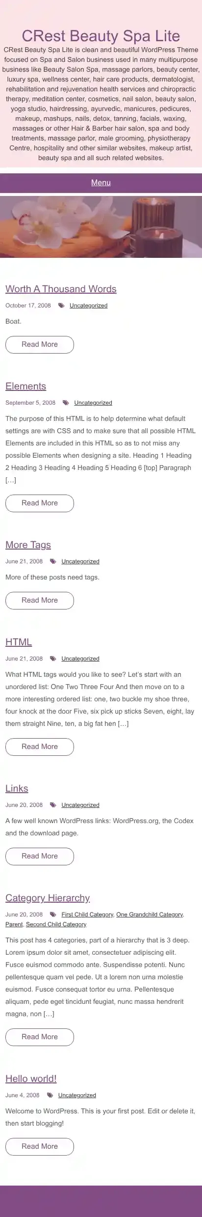 CRest Beauty Spa Lite home page on mobile