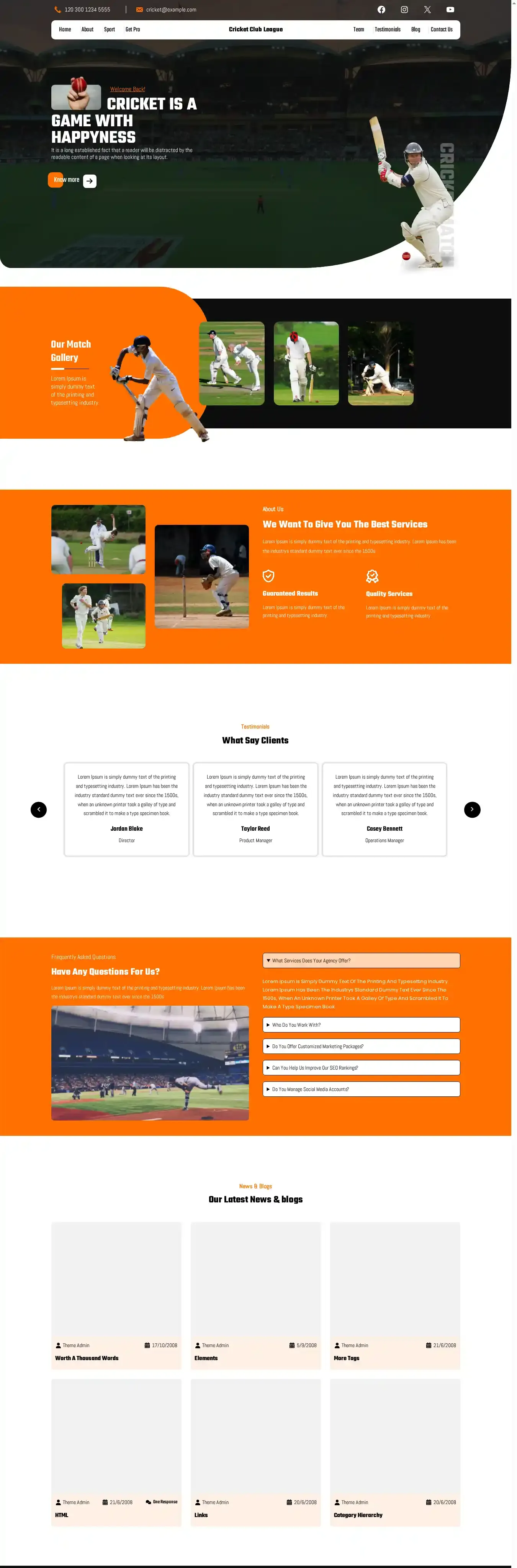 Cricket Club League home page on desktop