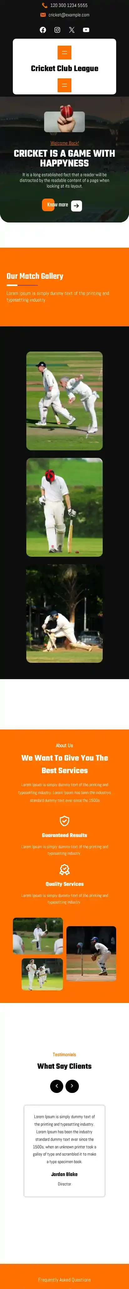 Cricket Club League home page on mobile