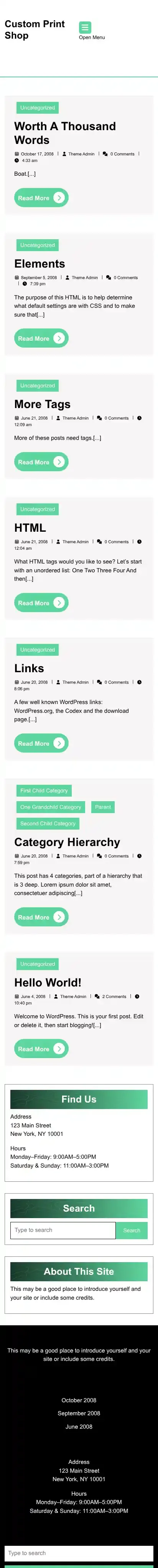 Custom Print Shop home page on mobile